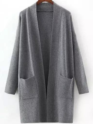 Romwe Women Long Sleeve Pockets Grey Coat Sweater