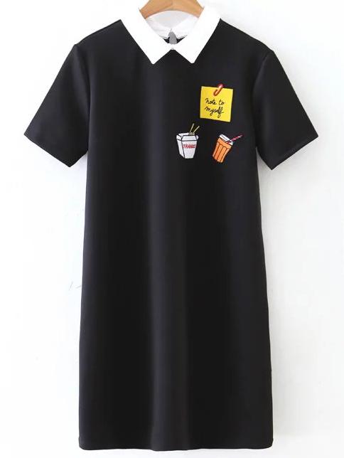 Romwe Black Patch Embroidery Contrast Collar Dress