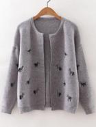 Romwe Grey Horse Embroidery Drop Shoulder Cardigan