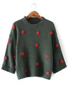 Romwe Dark Green Flower Embellished Drop Shoulder Sweater
