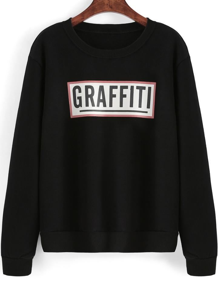 Romwe Round Neck Letters Print Sweatshirt