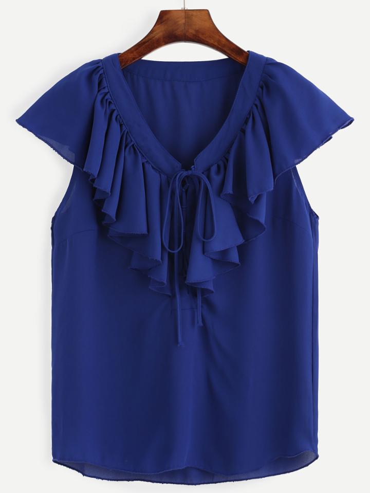 Romwe Blue V Neck Lace Up Ruffle Blouse