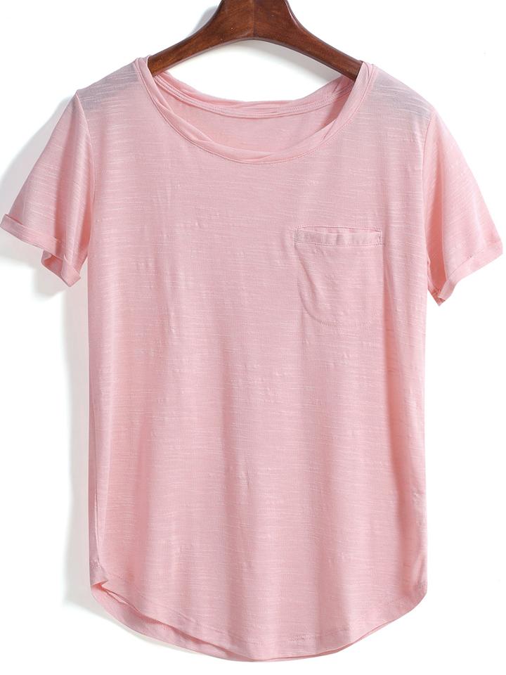 Romwe Round Neck With Pocket Pink T-shirt