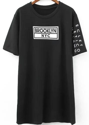 Romwe Letter Print Long Black T-shirt