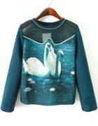 Romwe Swan Print Mesh Blue Sweatshirt