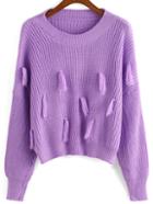 Romwe Round Neck Tassel Purple Sweater