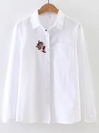 Romwe White Cat Embroidery Blouse With Pocket