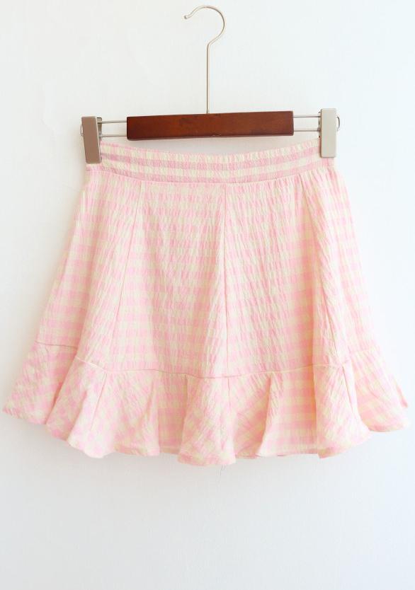 Romwe Peplum Hem Plaid Pink Skirt