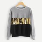 Romwe Contrast Sequin Cut And Sew Sweatshirt