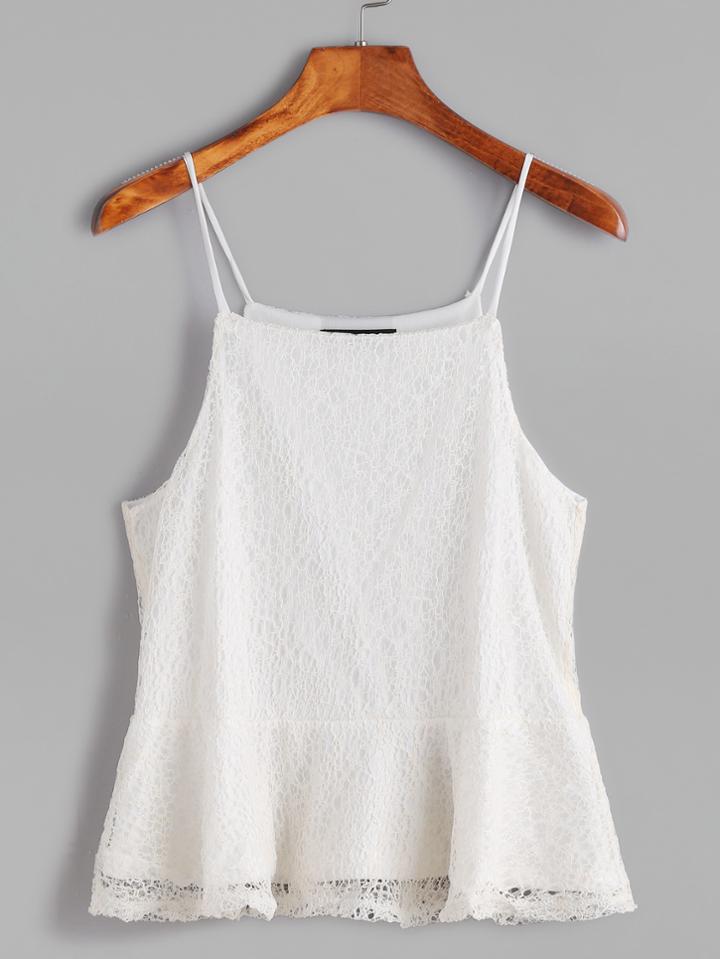 Romwe White Lace Overlay Ruffle Hem Cami Top