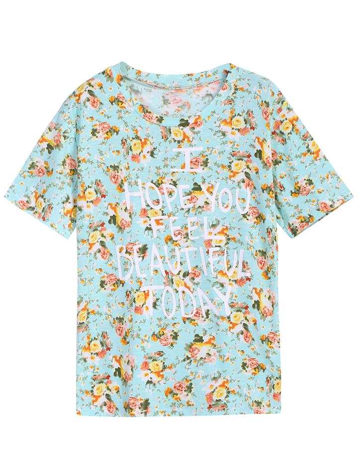 Romwe Floral Letters Print Green T-shirt