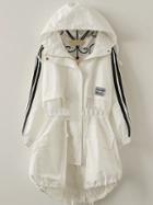 Romwe Hooded Striped Trim White Coat With Drawstring