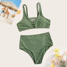Romwe Criss-cross Top With High Waist Bikini Set