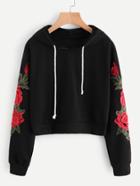 Romwe Embroidered Rose Applique Sleeve Hoodie