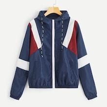 Romwe Cut And Sew Drawstring Zip-up Jacket