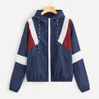 Romwe Cut And Sew Drawstring Zip-up Jacket