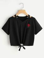 Romwe Cut Out Neck Rose Patch Knot Front Tee