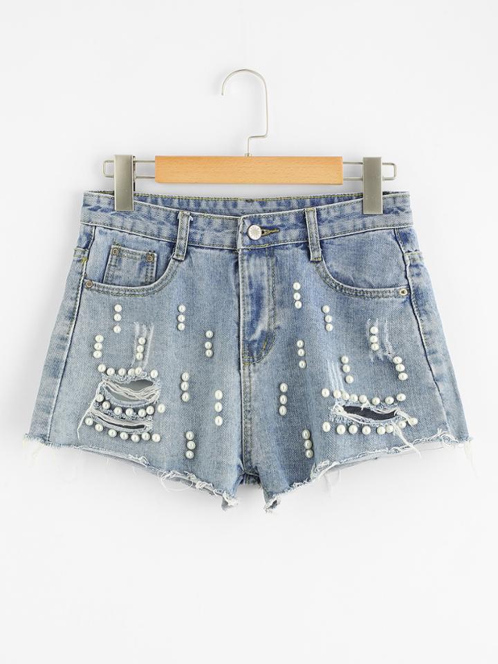 Romwe Faux Pearl Raw Hem Ripped Denim Shorts