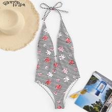 Romwe Random Floral & Striped Backless Halter One Piece Swimsuit