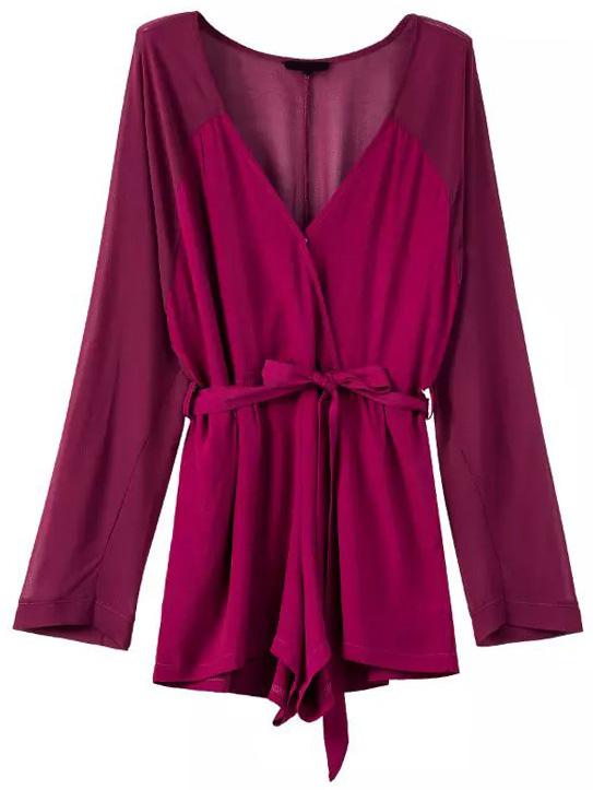 Romwe Deep V Neck Burgundy Romper With Belt