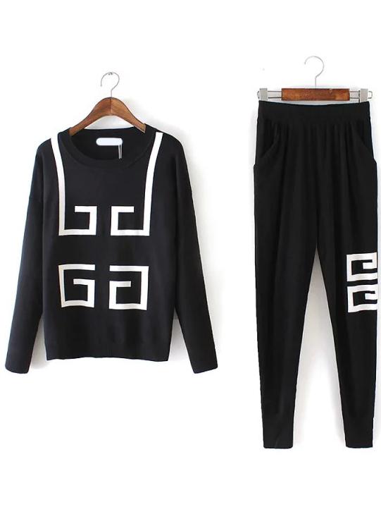 Romwe Geometric Print Top With Elastic Waist Black Pant