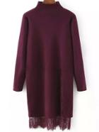 Romwe High Neck Lace Insert Slit Dark Purple Jersey Dress
