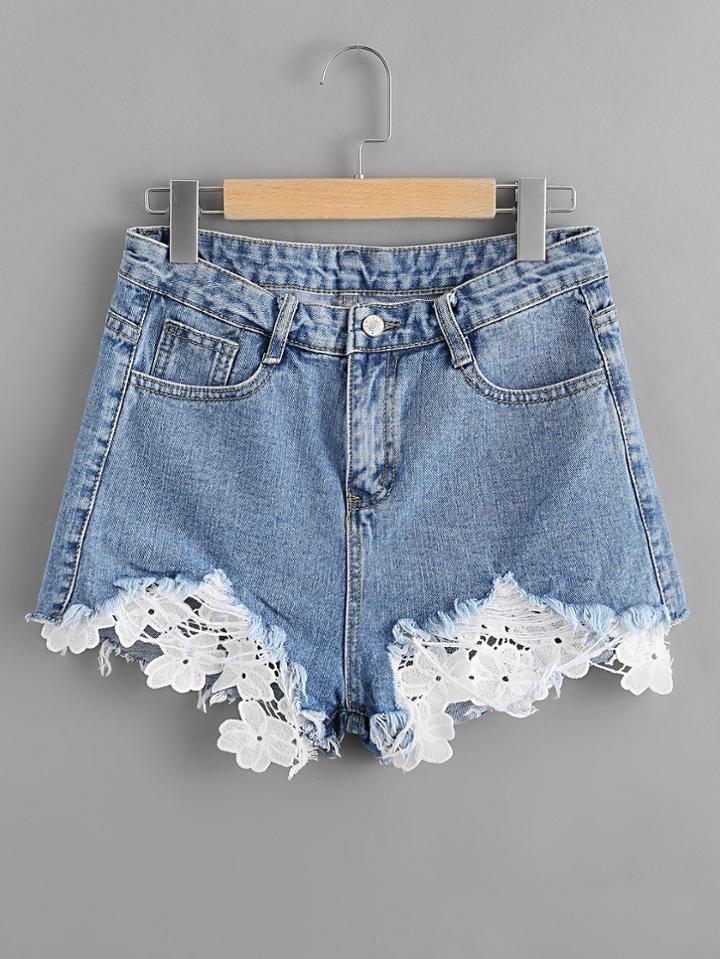 Romwe Contrast Crochet Frayed Hem Denim Shorts
