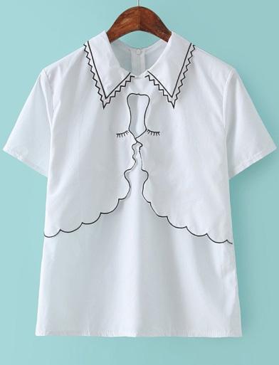 Romwe White Lapel Short Sleeve Embroidered Blouse