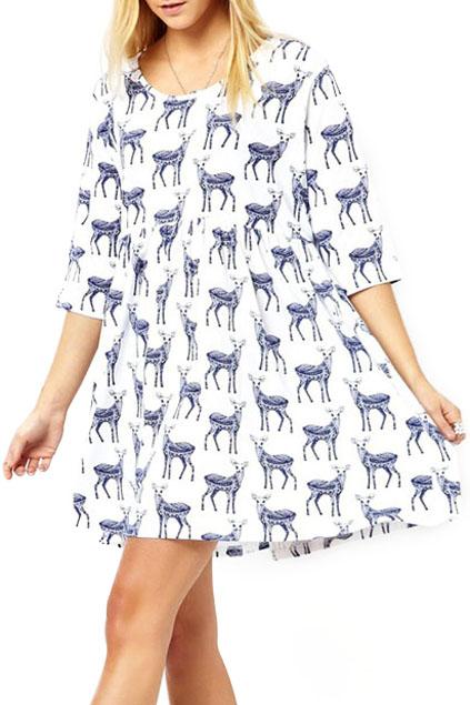 Romwe Romwe Sika Deers Print Cropped Sleeves White Dress