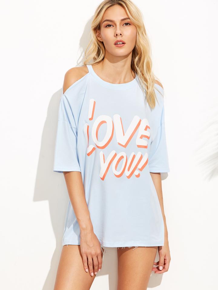 Romwe Pale Blue Letter Print Cold Shoulder T-shirt