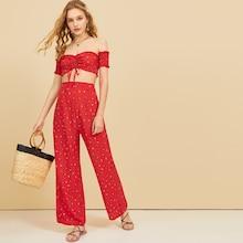 Romwe Drawstring Front Off The Shoulder Top With Pants