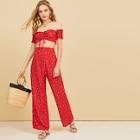 Romwe Drawstring Front Off The Shoulder Top With Pants