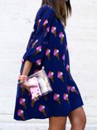 Romwe Blue Round Neck Cones Print Loose Dress