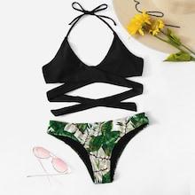 Romwe Wrap Halter Top With Random Leaf Print Bikini