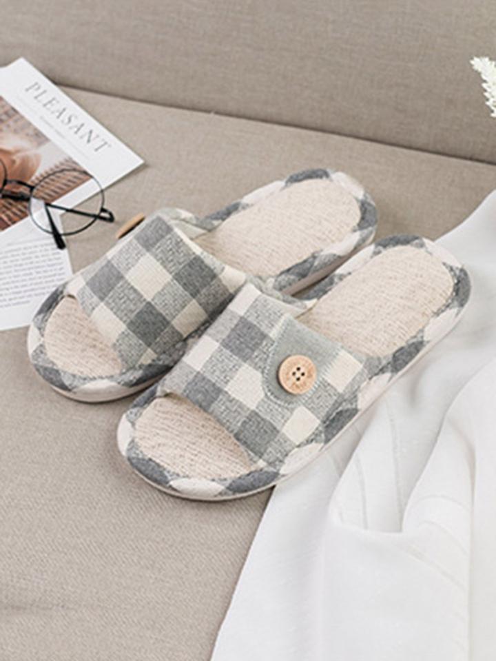 Romwe Button Decor Gingham Slippers