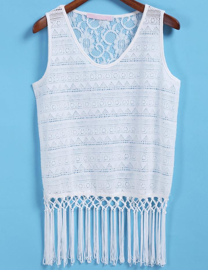 Romwe With Tassel Lace Hollow Tank Top