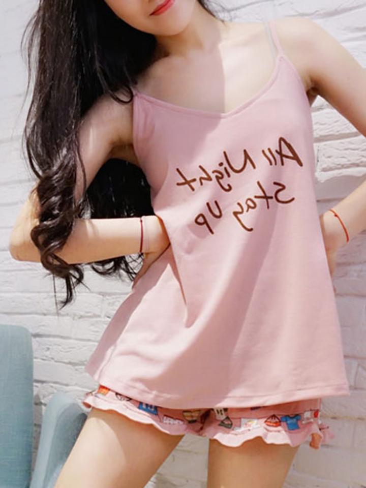 Romwe Letter Print Cami & Frill Trim Shorts Pj Set