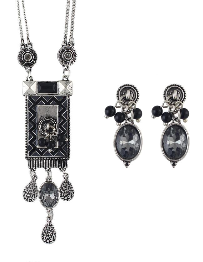 Romwe Ethnic Vintage Style Atsilver Long Pendant Necklace Stud Earrings Indian Jewelry Set