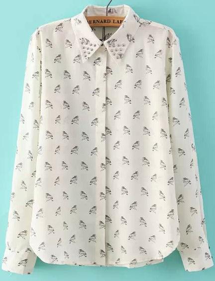 Romwe Lapel Bird Print With Rivet Blouse