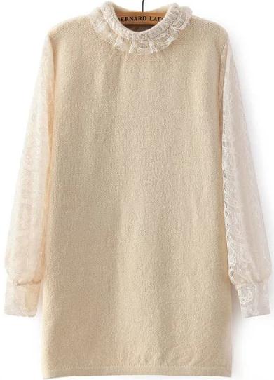 Romwe Contrast Lace Loose Knit Apricot Sweater