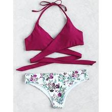 Romwe Halter Wrap Top With Floral Print Bikini Set