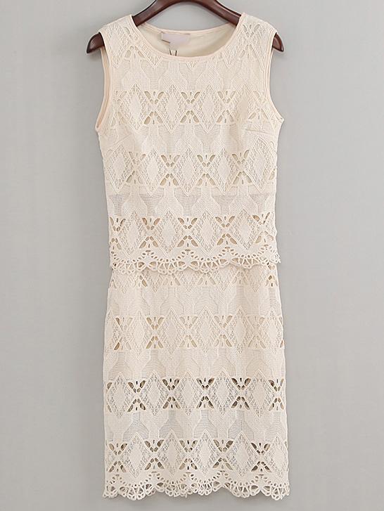 Romwe Beige Sleeveless Blouse With Scallop Hollow Skirt