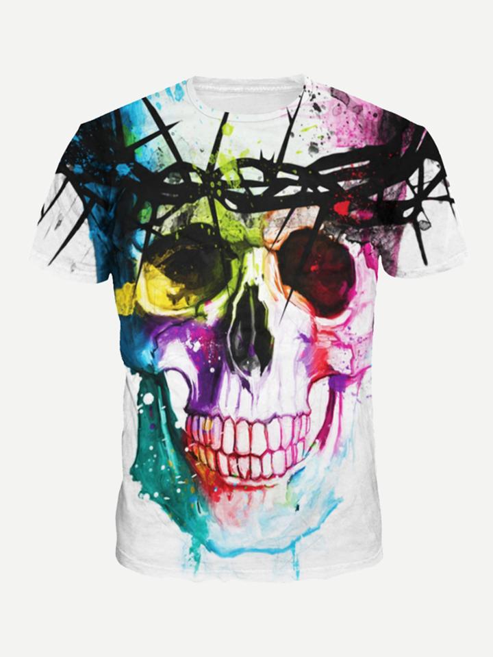 Romwe Men Abstract Skull Splatter Drip Tee