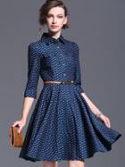 Romwe Blue Lapel Length Sleeve Drawstring Print Dress