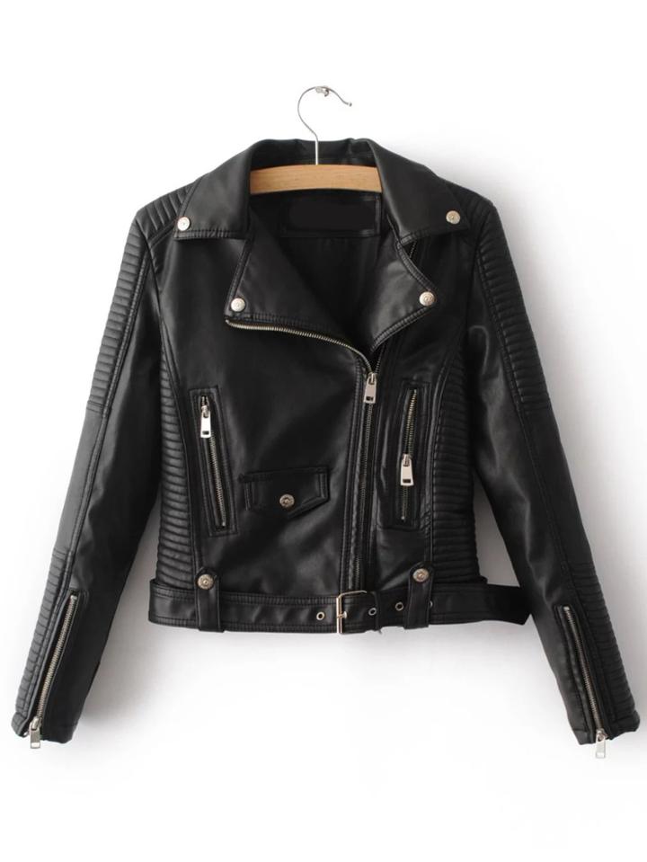 Romwe Black Oblique Zipper Moto Jacket With Buckle