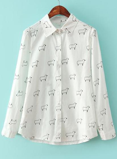 Romwe White Lapel Long Sleeve Sheep Print Blouse
