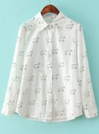 Romwe White Lapel Long Sleeve Sheep Print Blouse