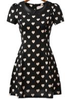 Romwe Black Short Sleeve Hearts Print Dress