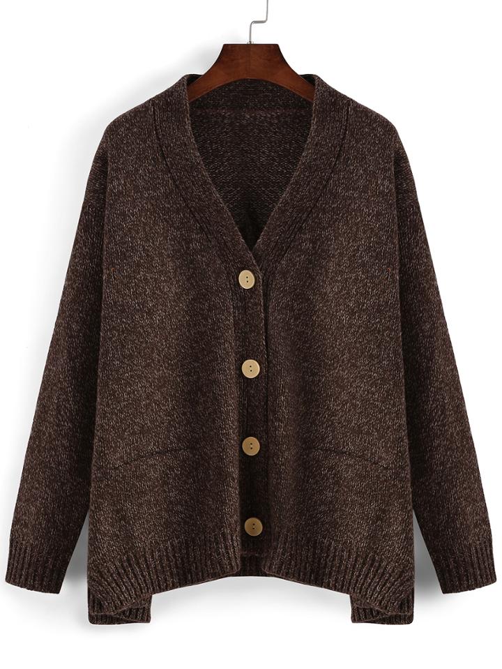 Romwe Buttons Slit Loose Coffee Coat