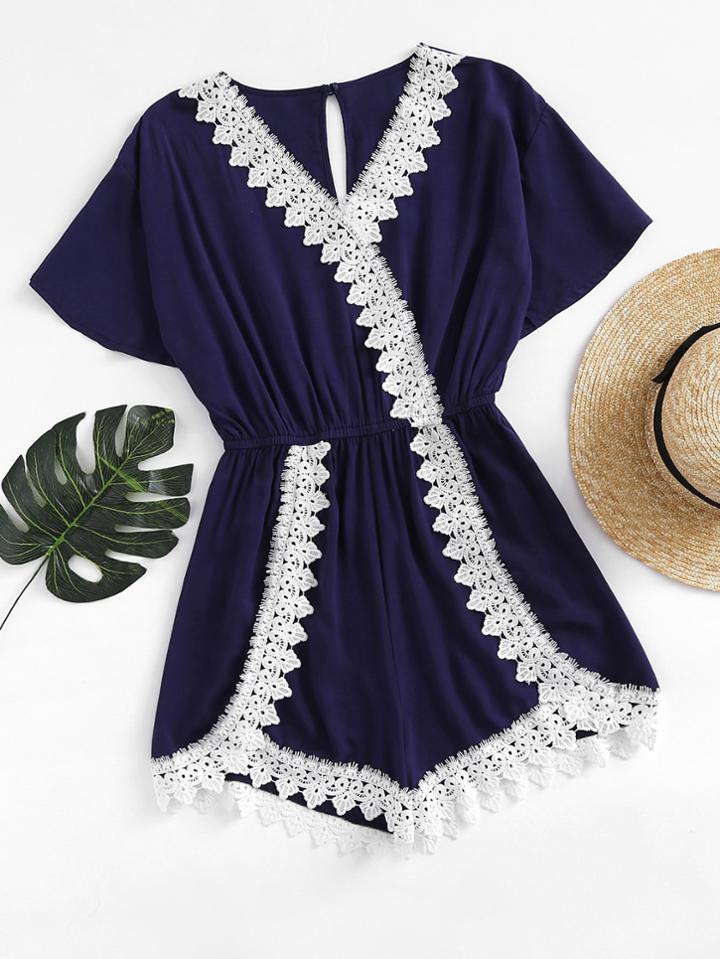 Romwe Lace Trim Split Back Romper